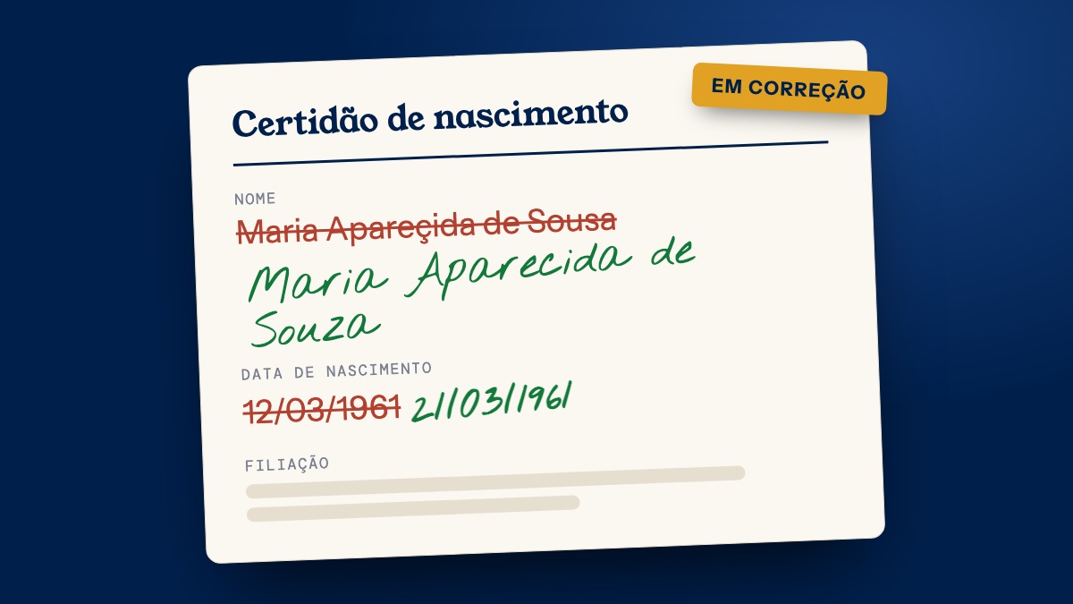 Ilustração de uma certidão de nascimento com o nome e a data sendo corrigidos